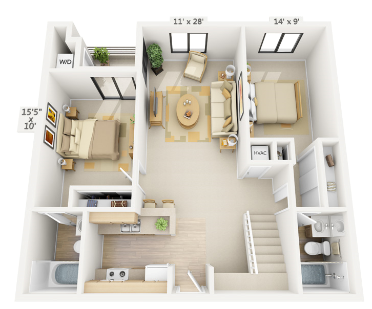 Floor plan for 2 beds, 2 baths, 1075 sqft